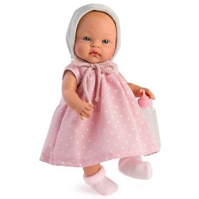 Bebelus Alex cu rochita roz si biberon 36 cm