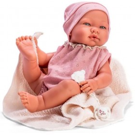 Bebelus Maria cu costum roz si patura bej 43 cm